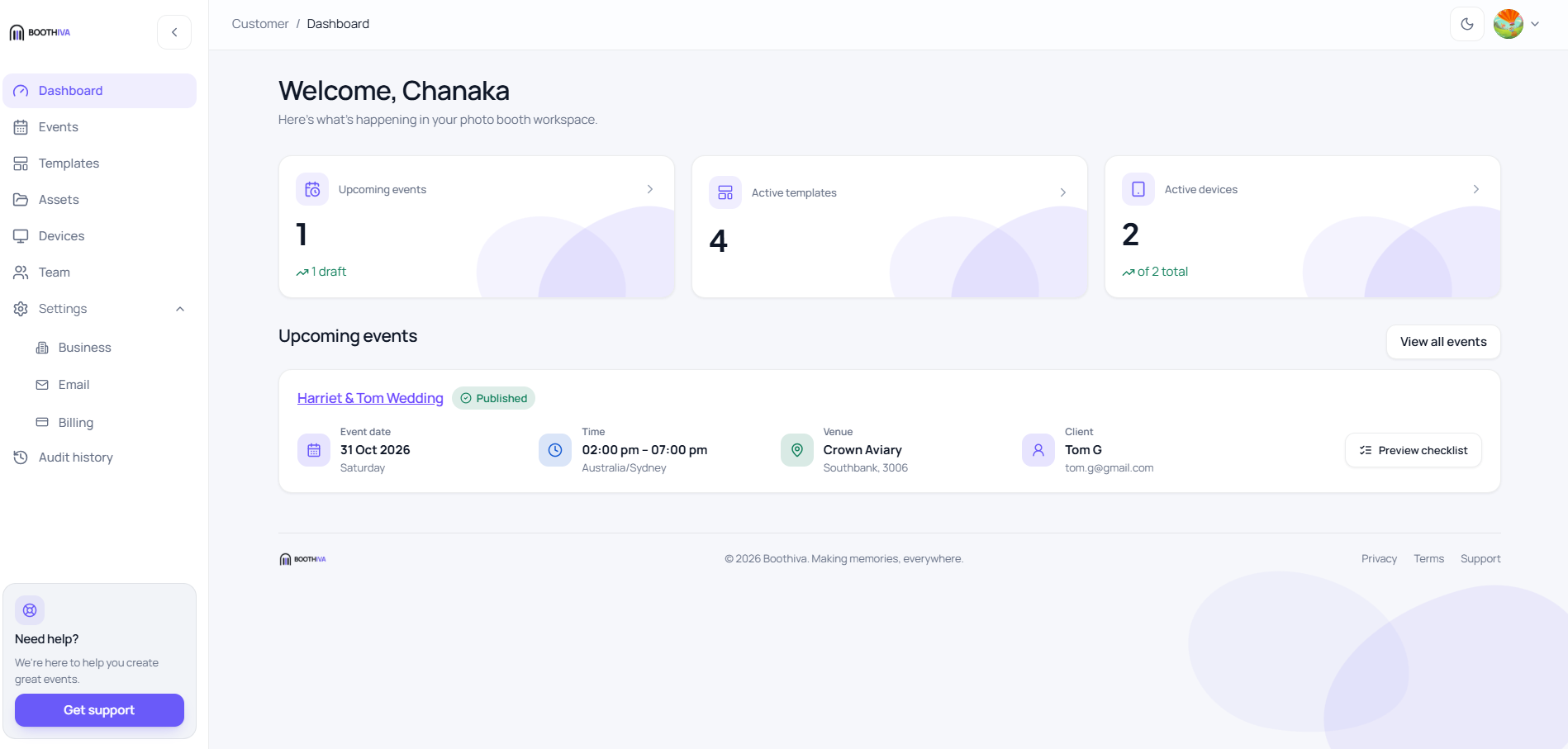 The Boothiva portal dashboard, showing upcoming events, active templates and active devices, with the next event's date, time, venue and client on one card.